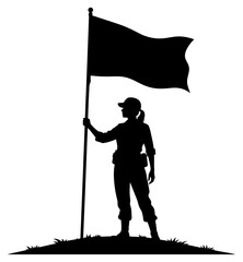 Proud Female Soldier Silhouette Standing on Hill Holding Waving Flag, Patriotic Military Concept on Transparent Background