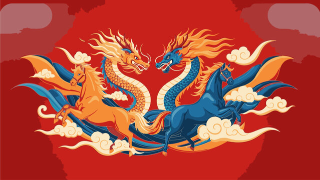Vibrant illustration of two dragons, one orange and one blue, facing each other amidst swirling clouds on a red background, symbolizing kuda chine's day.