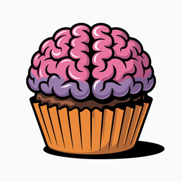 Vibrant vector illustration of a zombie brain cupcake &ndash; Ideal for Halloween baking guides, festive party decor, or spooky food ads.