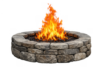 Stone fire pit with burning flame and glowing embers, providing warmth and light for outdoor gatherings