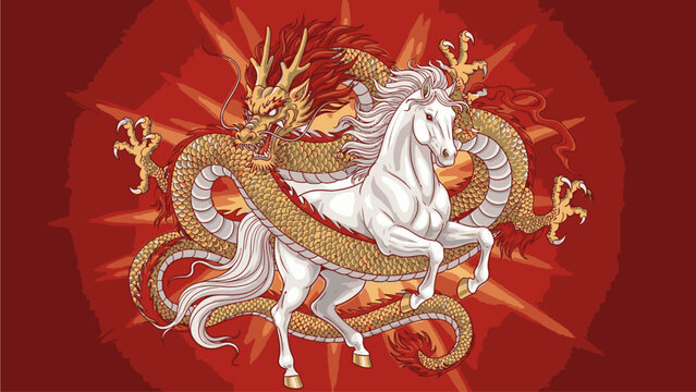 Illustration of a white horse entwined by a golden dragon on kuda chine's day with red background and sunburst pattern.