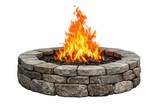 Stone fire pit with burning flame and glowing embers, providing warmth and light for outdoor gatherings