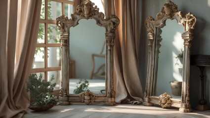 Antique Mirror with Ornate Frame and Aged Glass Reflecting Vintage Elegance, Classical Interior Design, Historical Craftsmanship, and Timeless Decorative Art