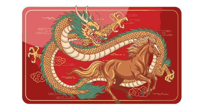 A vibrant illustration of a dragon and a horse on a red envelope with golden accents, symbolizing kuda chine's day in a traditional Chinese cultural context.