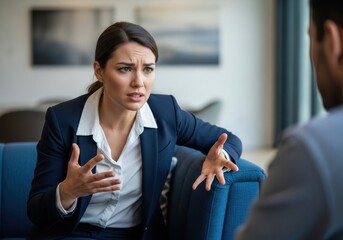 Professional woman expresses frustration and urgency during a seated discussion with a colleague