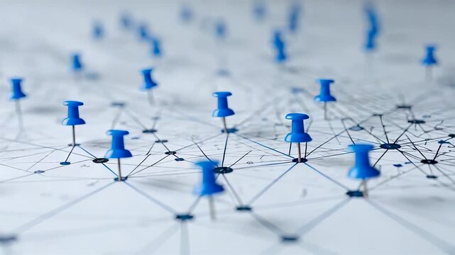 Blue push pins connected by white threads forming intricate network web on light surface strategic connection map