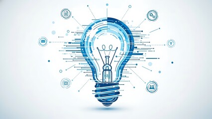 A creative lightbulb illustration with blue lines and symbols representing innovation