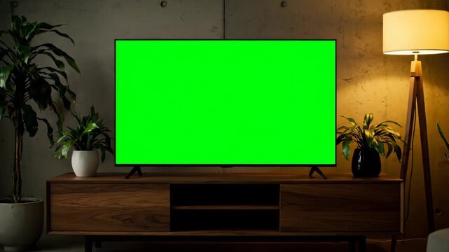 Modern Living Room with Green Screen TV Mockup for Custom Content Display.
