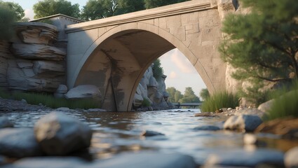 Stone Arch Bridge Crossing Tranquil Waters Representing Timeless Construction Techniques, Architectural Heritage, Landscape Beauty, and Enduring Civil Engineering Art