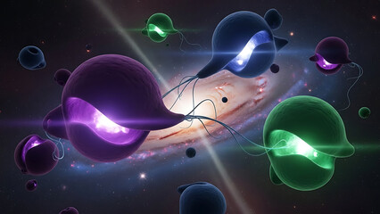 Colorful Spheres with Light Trails in Dark Space Environment