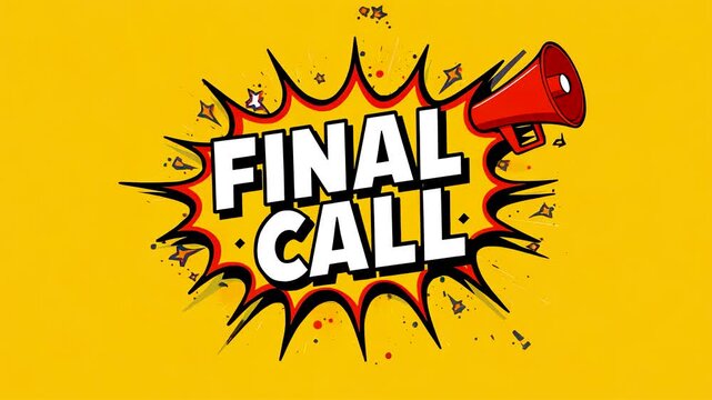 Bold yellow background with explosive red starburst FINAL CALL megaphone announcement comic style burst