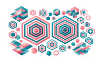 Colorful geometric pattern creating abstract hexagons and polygons with pink and blue shapes on transparent background