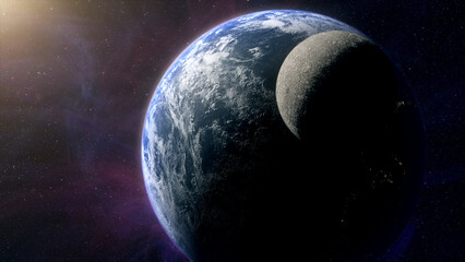 Cinematic planet Earth and Moon space view, glowing earth with city lights and atmospheric rim...