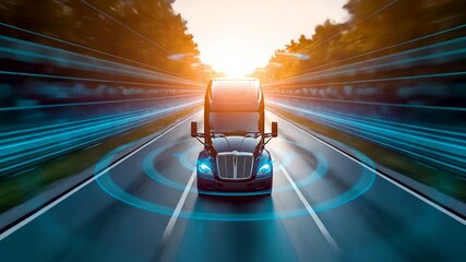 Truck speeding on highway with glowing blue motion trails and speed lines at vibrant sunset logistics transport rush