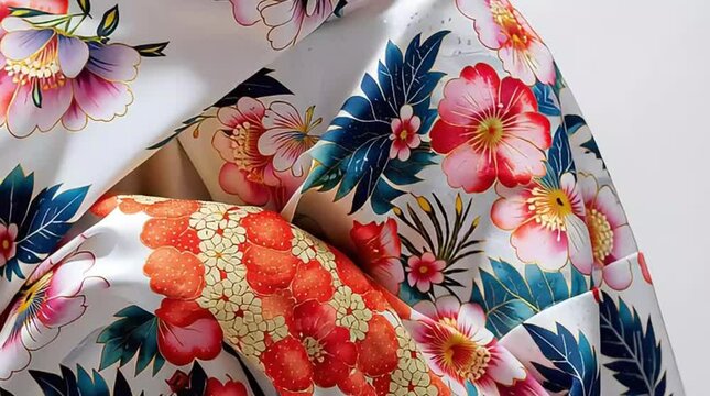 Close-up of intricate, colorful floral patterns and gold details on traditional Japanese kimono fabric, showcasing cultural craftsmanship.