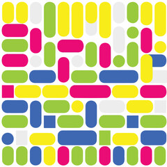 A vibrant and playful abstract composition of rounded rectangular shapes and circles in a variety of bright colors