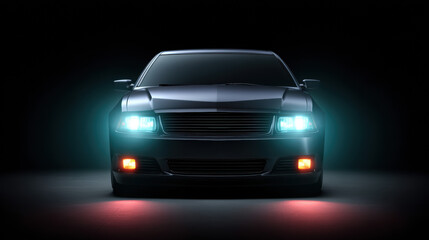 A sleek black sports car is dramatically illuminated with bright blue headlights and red running lights against a dark and mysterious background in this shot.
