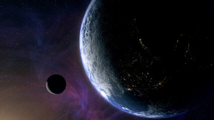 Cinematic planet Earth and Moon space view, glowing earth with city lights and atmospheric rim...