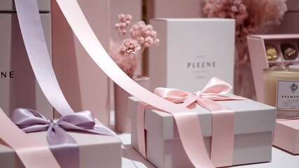 Elegant gifts and candles are displayed with silk ribbons. This image conveys a sense of luxury and sophistication for advertising or social media.