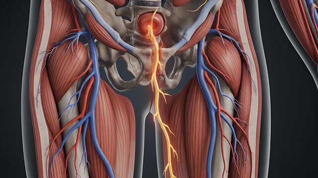Sciatic Nerve Anatomy in Human Pelvis and Legs Sciatica Pain Relief Anatomical Illustration on Dark Background Medical