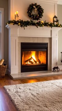 Warm fireplace with burning wood, decorated mantel, wreath, garland and lights in a cozy living room with windows.