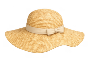 Straw sun hat with wide brim, beige ribbon, and bow, ideal for summer fashion and beach vacation