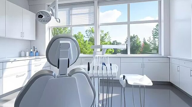 Modern dental office interior featuring state-of-the-art equipment, a comfortable chair, and large windows with a view, emphasizing cleanliness and professional healthcare.