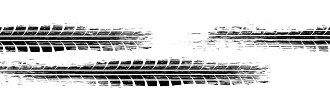 Tire track. Car, bike, motorcycle tyre mark with grunge effect isolated on white background. Wheel footprint on the road. Top view of rubber protector mark. background vector