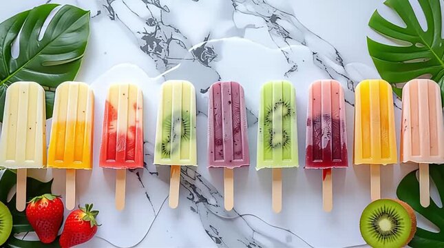 A vibrant lineup of refreshing fruit popsicles with various flavors and fresh fruits, perfect for summer treats.