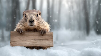 A cute groundhog blank wood sign in snowy forest landscape. Cute rodent waits for spring or winter event. Cute animal offers empty board for message.