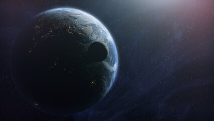 Cinematic planet Earth and Moon space view, glowing earth with city lights and atmospheric rim light, moon drifting through star filled cosmos, epic sci fi mood, deep space exploration © Kittiphat