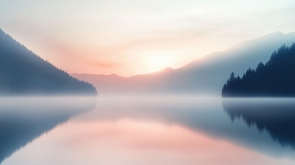 Fototapeta premium Serene mountain reflection, Calm morning scene with soft pink colors reflecting in mirrorlike lake, Soothing sunrise scene featuring pastel pink shades mirrored perfectly on serene mountain lake