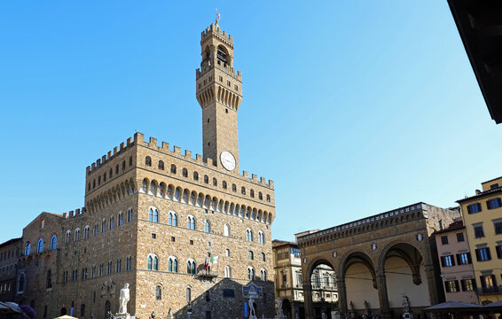 Florence, FI, Italy - March 4, 2025: iconic view of the tuscany region capital with old palace and the monument called loggia dei lanzi