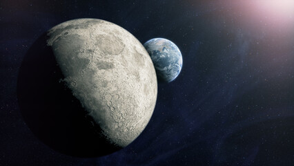 Cinematic planet Earth and Moon space view, glowing earth with city lights and atmospheric rim...