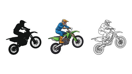 Obraz premium Motocross rider in action, silhouette, color illustration, and line art drawing