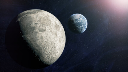 Cinematic planet Earth and Moon space view, glowing earth with city lights and atmospheric rim light, moon drifting through star filled cosmos, epic sci fi mood, deep space exploration