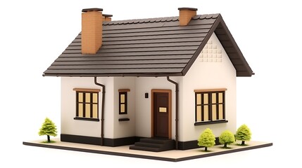 Charming white house with brown roof and trees on a platform