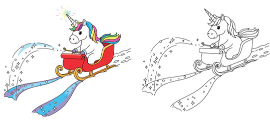Adorable unicorn cartoon with a rainbow trail and a crimson sleigh A vector image for a coloring book page with a black and white outline © AbuNazam