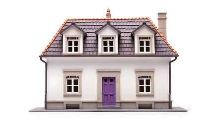 Charming miniature white house with purple door and gray roof model