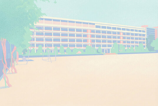 Pastel illustration of a school building with a playground. Minimalist retro poster style.