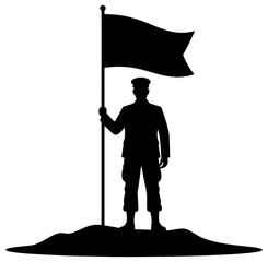 Proud Male Soldier Silhouette Holding Waving Flag Isolated on Transparent Background