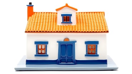 Colorful ceramic house model with orange roof and blue accents