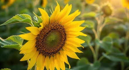 Obraz premium Bright yellow blossom dominates a field of tall green plants illuminated by soft sunlight.