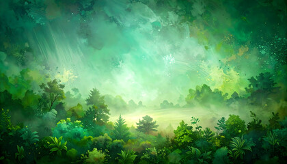 Painting in green on a mint green background featuring various green spots and a dark green vignette at the edges generative AI