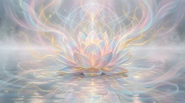 A glowing lotus flower in a dark pond, symbolizing spiritual awakening and purity emerging from the mud of the material world.