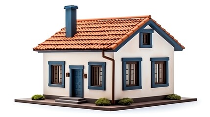 Charming small house with blue trim and red tile roof on display
