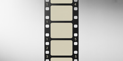 Obraz premium Vertical strip of black film reel with four empty beige frames and numbers movie cinema