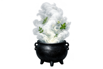 Cauldron brewing magic potion with smoke, herbs, moon, and glowing light on transparent background