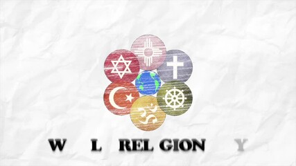 World religion day animation with various religious symbols and earth on paper texture