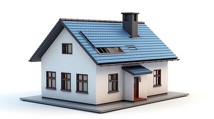 Modern white house with blue roof and chimney on gray platform